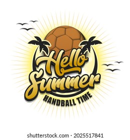 Summer handball logo. Hello summer. Handball time. Pattern for design poster, logo, emblem, label, banner, icon. Handball template on isolated background. Vector illustration