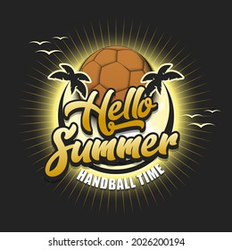Logo del balonmano de verano. Hola verano. Tiempo de balonmano. Patrón para el afiche de diseño, logotipo, emblema, etiqueta, cartel, icono. Plantilla de balonmano sobre fondo aislado. Ilustración del vector