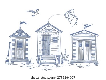 Summer hand-drawn banner, card, print with beach huts, kite and seagull, symbols hobbies and leisure on coast sea, ocean or lake.Illustration of vector silhouettes in blue color, beach landscape