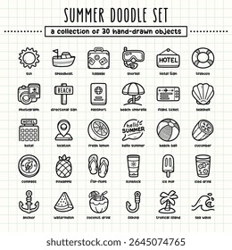 Summer hand-drawn doodle art illustrations and elements. felt-tip pen marker style on grid paper, great for various creative design uses.