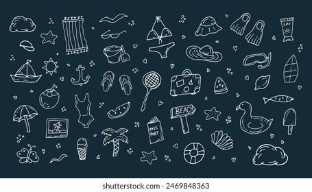 Summer hand-drawn drawings, elements for beach parties, recreation and travel. drawing on a white background. the art of doodling. black and white drawing. stickers. stickers. set.