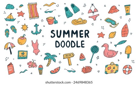Summer hand-drawn drawings, elements for beach parties, recreation and travel. drawing on a white background. the art of doodling. black and white drawing. stickers. stickers. set.