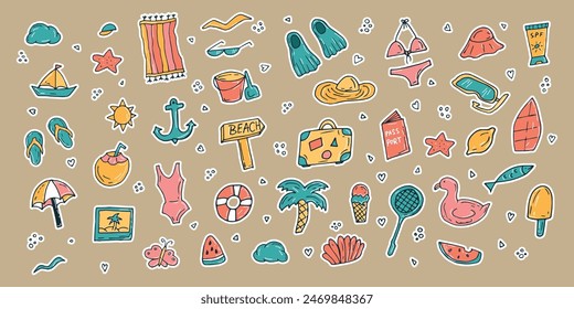 Summer hand-drawn drawings, elements for beach parties, recreation and travel. drawing on a white background. the art of doodling. black and white drawing. stickers. stickers. set.