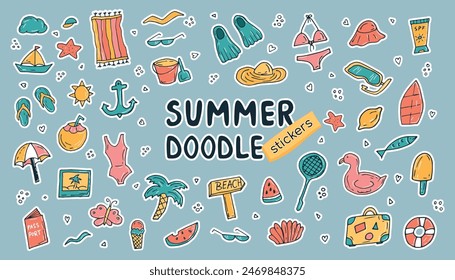 Summer hand-drawn drawings, elements for beach parties, recreation and travel. drawing on a white background. the art of doodling. black and white drawing. stickers. stickers. set.