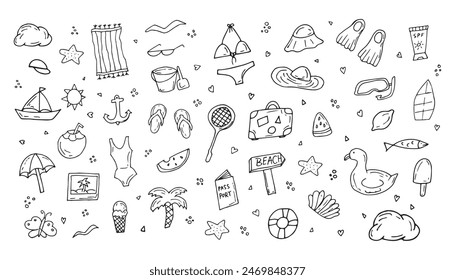 Summer hand-drawn drawings, elements for beach parties, recreation and travel. drawing on a white background. the art of doodling. black and white drawing. stickers. stickers. set.