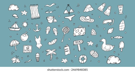 Summer hand-drawn drawings, elements for beach parties, recreation and travel. drawing on a white background. the art of doodling. black and white drawing. stickers. stickers. set.