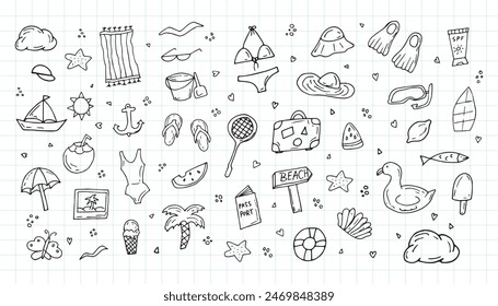 Summer hand-drawn drawings, elements for beach parties, recreation and travel. drawing on a white background. the art of doodling. black and white drawing. stickers. stickers. set.