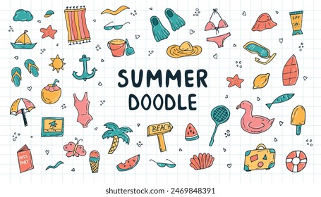 Summer hand-drawn drawings, elements for beach parties, recreation and travel. drawing on a white background. the art of doodling. black and white drawing. stickers. stickers. set.