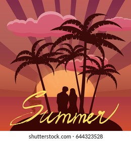 Summer hand-drawn lettering against a background of a sunset, the sea, palm trees, ocean, vetor, banner, illustration poster. Summer flyer.