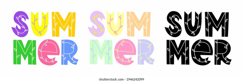 Sommer, handgezeichnete Schrift, Kontur, Zusammensetzung mehrfarbiger Buchstaben, ideal für eine Postkarte, ein Poster oder eine Anwendung auf einem T-Shirt oder einem Hoodie