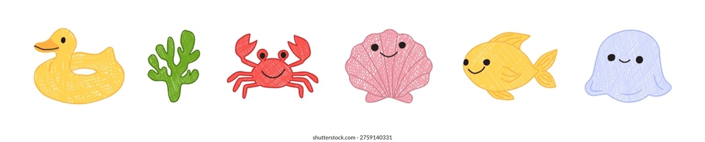 Summer hand-drawn scribble-style sea icons: a yellow duck float, green coral, red crab, pink shell, golden fish, and soft blue jellyfish. Vector naive, playful, and childlike pencil doodle illustration set.
