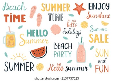 Summer hand-drawn set. Handwritten phrases and quotes. Watermelon, lemonade, shell, sandals, starfish. Vector illustration