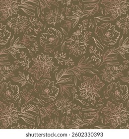 Summer handmade floral background. Botanical background from abstract flowers. Sketchy drawing of white outlines and yellow-brown strokes, blue background. wallpaper, bedspreads, bed linen, textiles