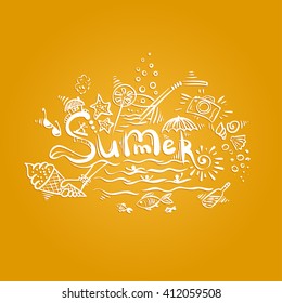 Summer - handwritten lettering. Calligraphy with male sketch.