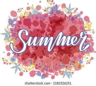 SUMMER handwritten lettering on vector watercolor background with floral decorative elements, in happy rose adn purple palette, for decoration, stickers, prints, flyers 