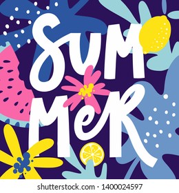 Summer handwritten text. Banner design with white title and colorful tropical elements for summer season. Vector illustration.