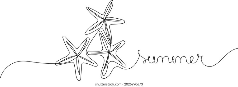 Summer - handwritten text with continuous line drawing of sea starfish. Modern minimalist art. Vector illustration.