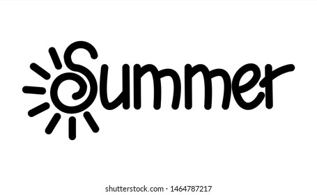 Summer. Handwritten Word Lettering. The letter S in the form of the sun with rays. Stylized sun. Vector Image Isolated on white background.