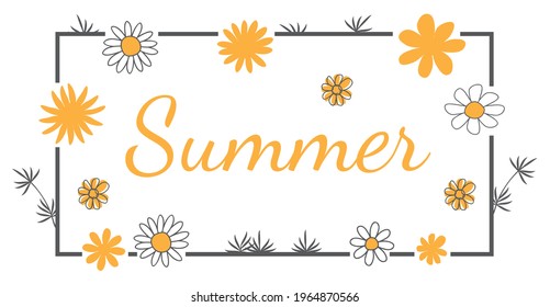 Summer handwritten in yellow orange  with a frame of modern flower design