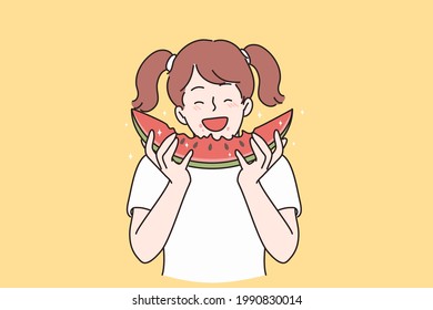 Summer happiness and healthy eating concept. Smiling cute little girl cartoon character standing and eating ripe red watermelon in summer vector illustration 