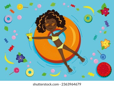 Summer, Happy Girl in the Pool on inflatable ring rests with fruits, sweets and drink 