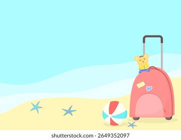summer happy holiday time, luggage, ball, and sandals background vector design.