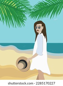 Summer happy holiday woman at the beach. Relax on Seaside Sand Beach vector illustration. Blue ocean and sky background.Vacation.
Festive mood, female concept.
Tropical leaves and seagulls in the sky.