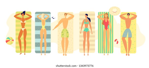 Summer Happy Relax Lifestyle Concept with People Characters Sunbathing on the Beach Carpets. Top View of Lying Men and Women for Vacation. Flat Vector Illustration 