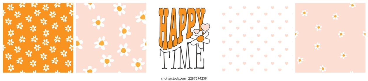 Verano feliz tiempo 70 estilo retro adorable impresión conjunto en color rosa melocotón y naranja. Flores hippie distorsionadas y corazones vectores de patrón sin fisuras para prendas de vestir, ropa de verano o pijama en tonos suaves y ondulados
