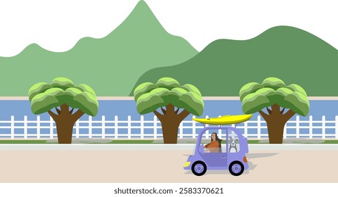 Summer. Happy woman traveling with companion dog in the car. kayaking in summer. Flat vector illustration. EPS 10.