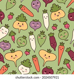 Summer harvest seamless pattern. Cartoon vegetables. Merry mischievous food. Light green background for a healthy baby diet. Funny texture for vegan picnic. Cute faces of characters with flat outline.