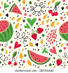 Summer harvest. Seamless pattern with watermelon, cherry,strawberries.