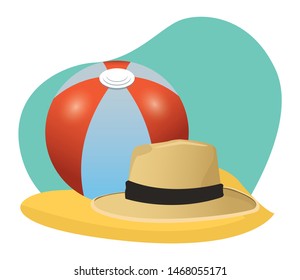 Summer hat and beach ball cartoon in the beach scenery background ,vector illustration graphic design.