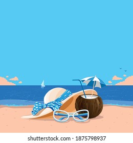 Sombrero de verano con arco, gafas y puesto de cócteles en la arena a orillas del mar. Viajes de verano y recreación. Ilustración vectorial.