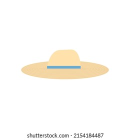 Summer women’s hat with brims isolated on white background. Straw stylish headwear. Cartoon modern accessory for vacation. Beach flat vector illustration
