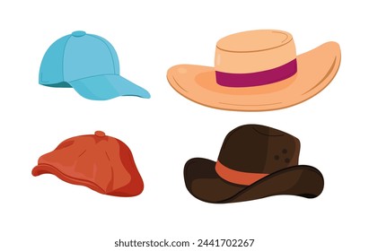 Summer hat collection vector. Cap, panama hat for women, men, sun protection.