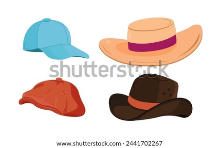 Summer hat collection vector. Cap, panama hat for women, men, sun protection.