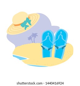 summer hat female wicker in the beach with flip flops