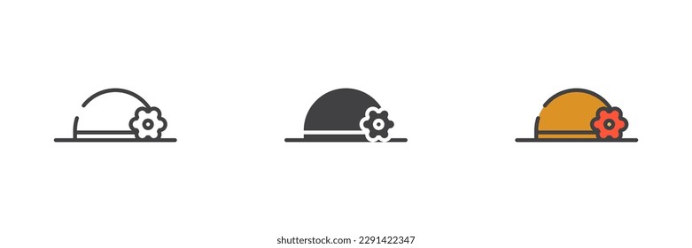 Juego de iconos de sombrero de verano con flor diferente. Línea, glifo y contorno relleno versión colorida, contorno y signo vectorial relleno. Símbolo, ilustración del logotipo. Gráficos vectoriales