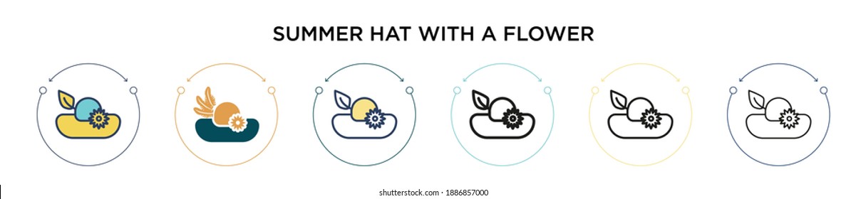 Summer hat with a flower icon in filled, thin line, outline and stroke style. Vector illustration of two colored and black summer hat with a flower vector icons designs can be used for mobile, ui,