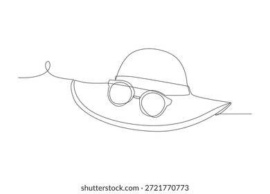 Summer hat with glasses. Spring concept one-line drawing