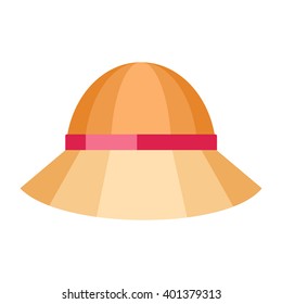 Summer hat isolated on white background. Fashionable orange Panama hat with red ribbon for protection from sun and rain weather conditions. Garment for wearing on the head. Vector illustration
