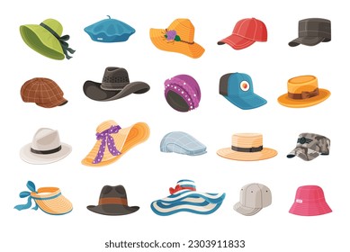 El sombrero de verano. Cabeceras de dibujos animados. Ropa de moda con sombreros, ropa de cabeza de hombre y mujer. Cabeza de playa accesorio y todoterreno tradicional de verano. Sombrero de paja femenino de verano, cabeza de la gorra, ilustración vectorial