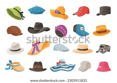 Summer hat set. Cartoon headgears. Hats fashion clothes, man and woman headwear. Beach head accessory and summer traditional headdress. Summer female straw hat, cap wear lady head, vector illustration