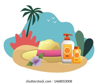 Summer hat and sun bronzer bottles with flower in the beach scenery background ,vector illustration graphic design.