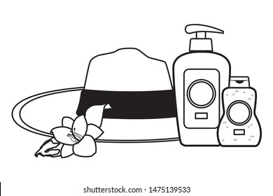 Summer hat and sun bronzer bottles with flower ,vector illustration graphic design.