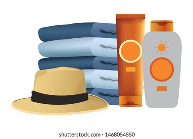 Summer hat and sun bronzers bottles with towels ,vector illustration graphic design.
