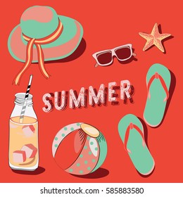 Summer hat, sunglasses, ice lemonade, ball and flip-flops, Summer set on the beach. Vector illustration on red background