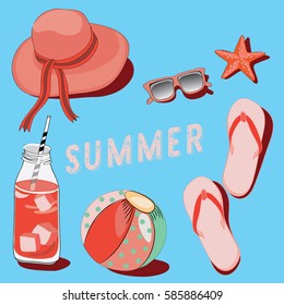 Summer hat, sunglasses, ice lemonade, ball and flip-flops, Summer set on the beach. Vector illustration on blue background