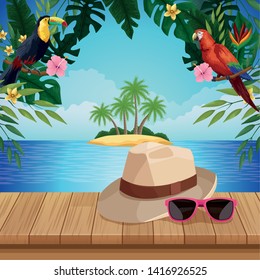 Summer hat and sunglasses on wooden floor over beachscape cartoons vector illustration graphic design